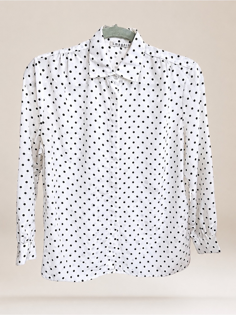 VTG I. MAGNIN Silky White Black Polka Dot Collared Button Down Shirt Blouse Top